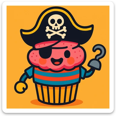 a cupcake dressed as a pirate with a hook and striped shirt, vibrant colors sticker