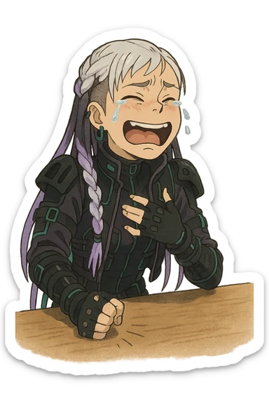 1 female, white braid with lavender tips. Cybergoth futurepunk, crying from laughter, pounding her fist on a table, “wheeze emoji” facial expression  sticker