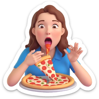 woman with open mouth, drooling, hands grabbing at pizza, hungry expression sticker