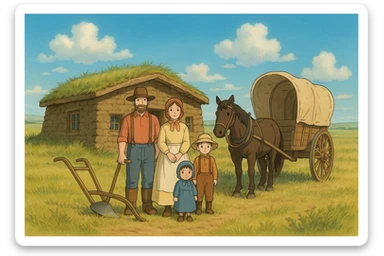 A pioneer family on the great plains from the 1840s standing in front of a sod house with their horse and wagon and a basic plough sticker