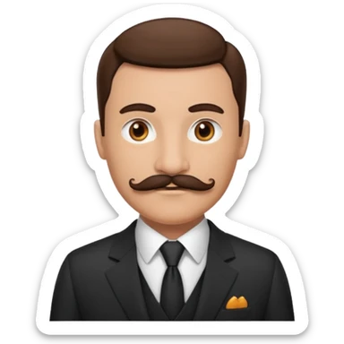 a male housekeeper in suit with a mustache sticker