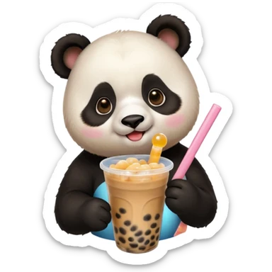 A panda drinking bubble tea, excited about the toppings, portrait, bust up sticker