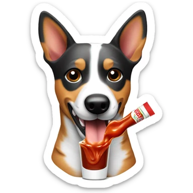 Australian cattle dog holding tobasco sauce sticker