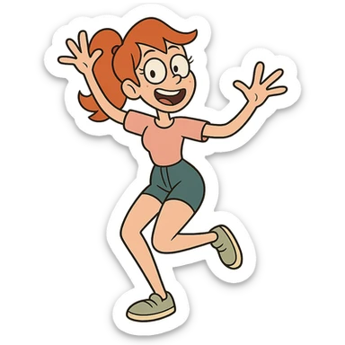red-haired girl in a playful pose, cartoonish and exaggerated sticker