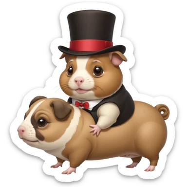 a cute guinea pig wearing a top hat riding on the back of a chubby pug sticker