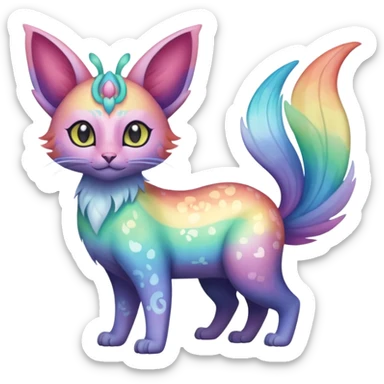 White pastel iridescent rainbow-gradients-color-marked with swirly patterns butterflies  faerie-Noivern-Noibat-Purloin-Torracat-Lykoi-Caracal-cat-Fakemon-fusion-hybrid-creature sticker