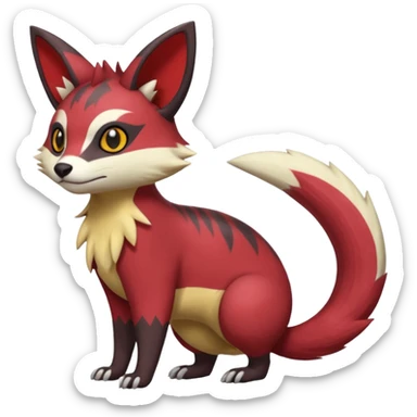 Red, brown, black, white, yellow, Zangoose-Cacomistl-Genet-Civet-Rattata-Skitty-Noibat-Purrloin-Fakemon-hybrid-creature (full body) sticker