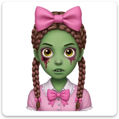 Garota zumbi com pele verde, tranças castanhas no cabelo, olhos castanhos, laço rosa na cabeça e camisa rosa sticker