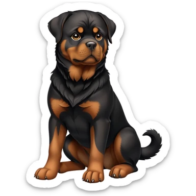cinematic-[rottweiler]-realistic-full-body-sitting-emoji,-tail-resting-loosely-beside-its-paws,-head-tilted-dramatically, -sleek-[Black and brown]-fur,-simplified-yet-realistic-focused-features,-highly-detailed,-glowing-with-an-almost-sarcastic-glow sticker