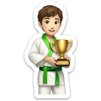 a 12-year-old boy with brown hair in a white kimono with a green belt holds a prize gold cup with two hands sticker