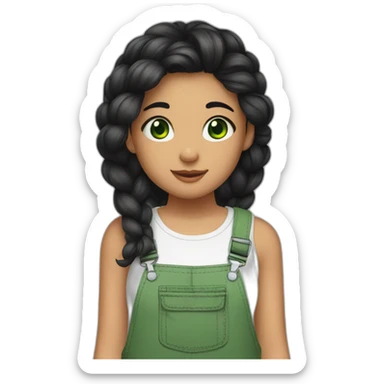 A girl with green eyes and black hair with a braid and wearing a tank top with overalls and flip flops and beside her a pet sticker