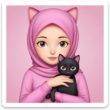 Pretty woman brown eyes white girl with pink hijab and cute long sleeve top holding a black cat sticker