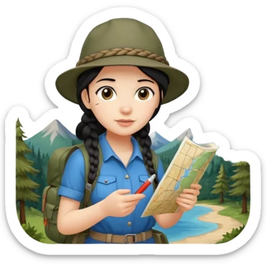 A braid black hair backpacking woman checking her map with curious eyes while walking with camping hat full body sticker