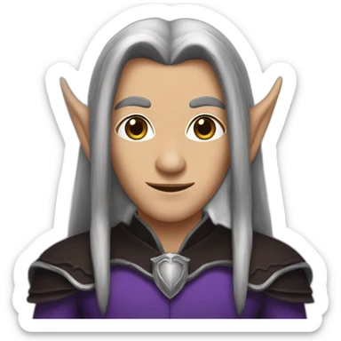 tall elf with brown long hair and dark black & purple and silver outfit  sticker