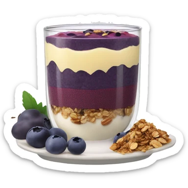 Açaí in a clear cup with layers of fruits and granola and condensed milk sticker