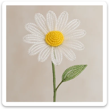 french beaded white daisy, delicate glass seed beads, wirework, bright yellow center, realistic flower shape, intricate beadwork, soft white petals, yellow beaded center, green stem, elegant and cheerful, translucent white beads, fine wire, fresh and natural look, shimmering glass beads, handcrafted floral art, yellow center sticker