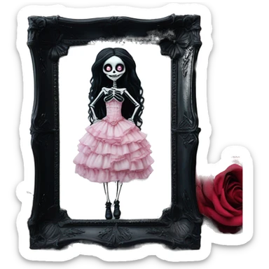 PINK LANDSCAPE PICTURE WITH FRAME: full body, hyper realism, full height skeleton, tim burton "corpse bride", thin porcelain doll with a cracked face, goth makeup watery eyes, long hair, lace and ruffles, lolita style, inked, black and white, red roses sticker