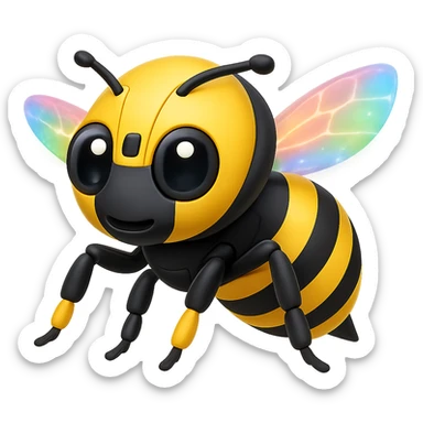 Create a robotic bee with rainbow prismatic energy wings in the style of apple emojis, focusing on concise and clear emoji style representation. sticker