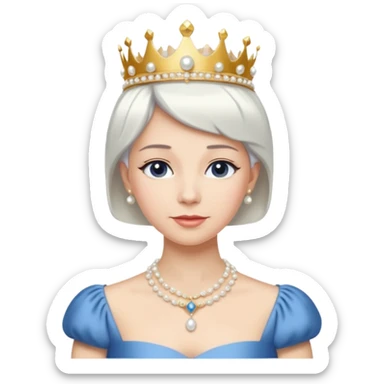 Queen with white short hair – gold tiara, pearl necklace, elegant gown, blue dress sticker