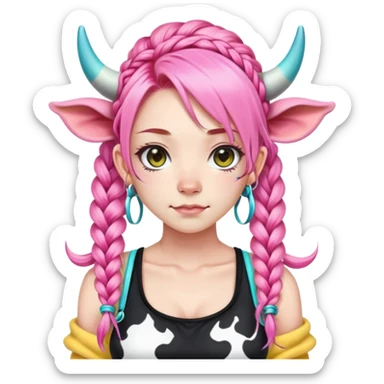 En anime-ku-jente med to rosa lange tykke fletter og cyan striper i håret, ku-horn og ku-ører, sort BH-topp over en gul cropped-fleece-blouse sticker