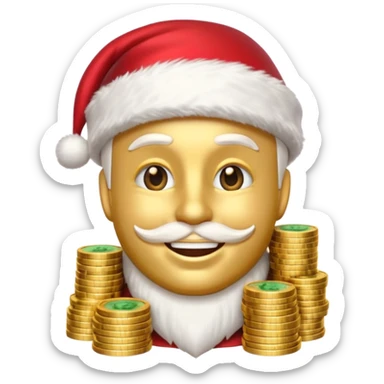 A confident rich emoji face wearing a Santa hat, money stacks, casino vibe, New Year theme, premium 3D emoji style, sharp details, no t sticker