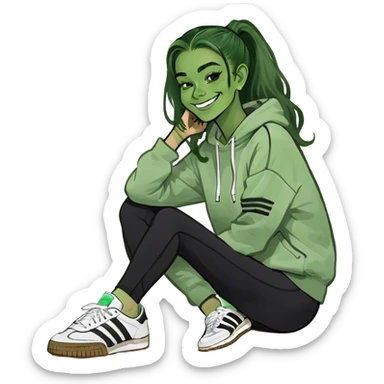 blonde smiling girl in white portrait green eyes wearing a sweatshirt and black colored leggings and adidas og samba sneakers sticker