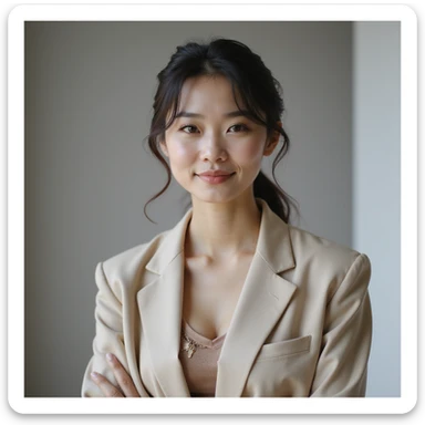 photorealistic upper-body portrait of a chic Korean woman, 25-35, sophisticated gentle expression, elegant casual attire, enjoys high-quality home café experiences, values artisanal desserts, neutral background sticker