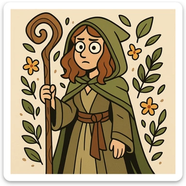 female druid character, cartoon style, wearing nature-inspired robes, holding a staff, surrounded by leaves and flowers sticker