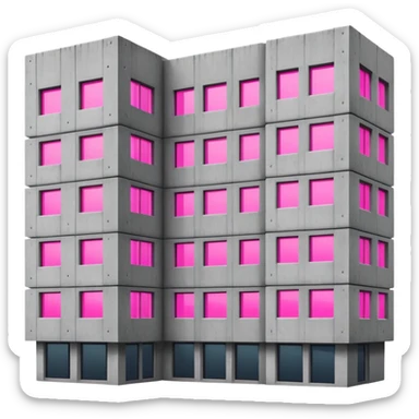 Brutalist gray concrete building with multiple windows where only one window glows bright pink and the rest are normal sticker
