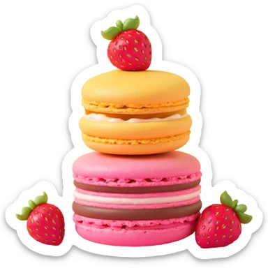 A pink macaron with a strawberry on top, two animals peeking out, light peach background with yellow stars, detailed texture sticker