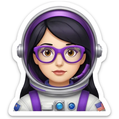 female astronaut with long black hair brown eyes and purple glasses sticker