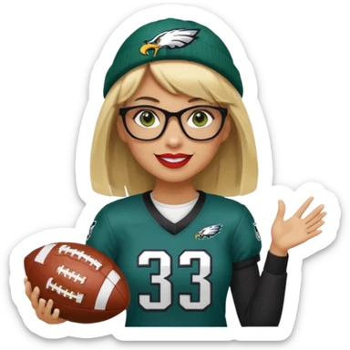 full length women wearing eagles uniform, long blonde hair, styled bangs, green eyes, black glasses, holding football, number 33, smiling, lipstick, eagles beanie sticker