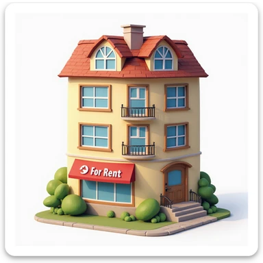 realistic apartment rent icon, detailed apartment facade, visible 'For Rent' banner sticker
