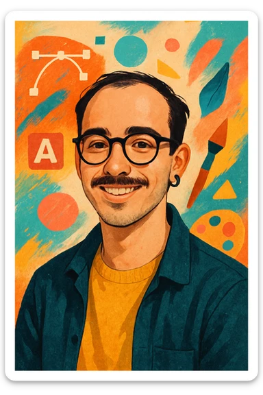 25 year old graphic designer, slightly receding dark hair, thin moustache, black earring on left ear, happy expression, modern style, creative vibe sticker
