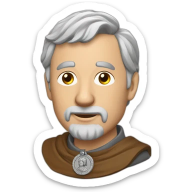 medieval coin engravers guild leader, 50 years old, grey hair, bust, has a necklace with a coin, has a coin in one hand sticker