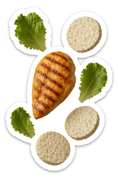 petto di pollo grigliato fluttua in aria insieme a gallette di riso e foglie di insalata, iperrealistico 4k sticker