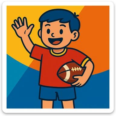 A vibrant toon style image of a teenage boy waving and holding a football, inviting a friend. sticker