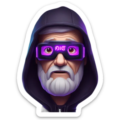 Russian old man wearing a black hoodie with "OMG" letters on it and VR headset in a cyberpunk VR environment with violet neon lighting. sticker
