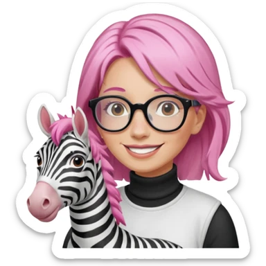 create a emoji of my friend camilla: she wears  white glasses and she has brown hair, make it pink. She loves horses and zebras sticker