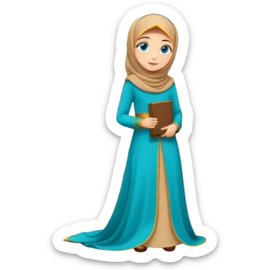 Turkish beautiful finish Konya girl blue eyes with gold hijab and islamic long tailed turquoise dress on the ground at her home garden and had on her hand text Eid Mubarak  sticker