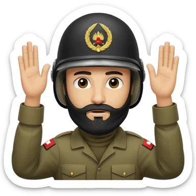 surrenders, depicts an Iraqi soldier from 1980, with a beard, in a helmet, a helmet WITHOUT insignia, with a balaclava, with sad eyes and both hands raised up sticker