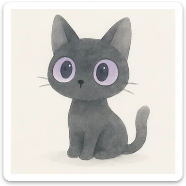 cartoonish black cat with oversized purple eyes, looking curious, watercolor art style sticker