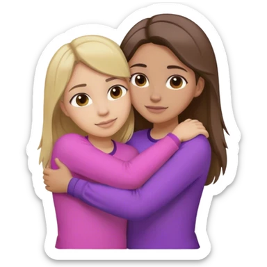2 girls hugging one with brown hair and blonde highlights in a purple shirt hair and one with dark hair in a pink shirt sticker