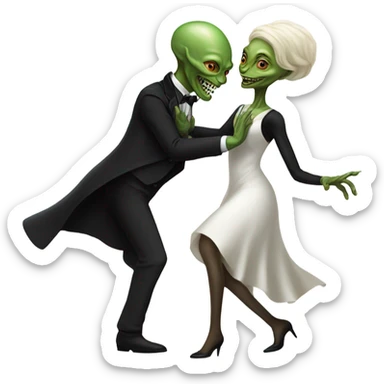  a Reptilian alien woman, in white dress, dance with a human man in frack sticker