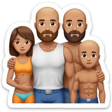 Muscular Bald beard man with his hot wife long brown hair and 3 boys sticker