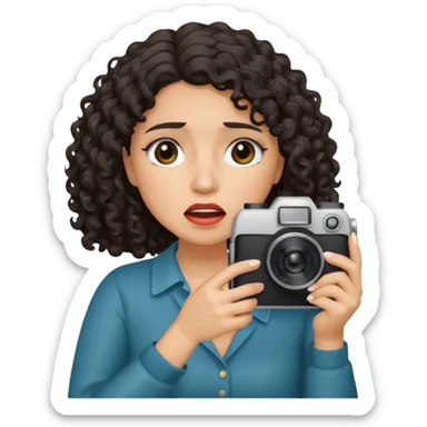 Hispanic Woman with shoulder length dark curly hair holding a camera crying sticker