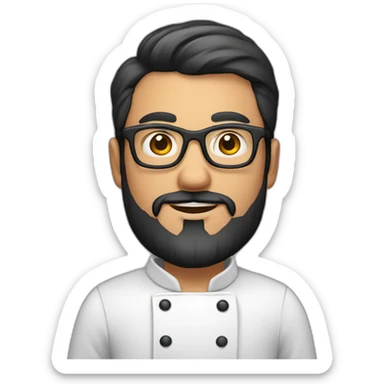 30 years old chef with beard and smooth short dark hair and big glasses proudly holding a pizza sticker
