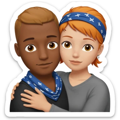 Two people hugging, brown guy with a buzzed cut and bandana, and a white woman with ginger hair sticker