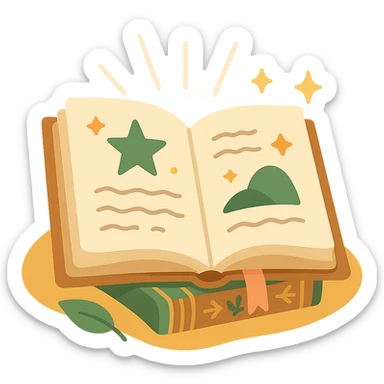 A cute open book lying on a cozy surface, designed in a soft and magical color palette: golden orange (FA9B41), deep forest green (4A7C5C), warm taupe brown (96775A), and pastel peach (FFCC9A). The pages are slightly aged with gentle curves, featuring whimsical illustrations, tiny stars, and elegant handwritten text. The book cover, visible beneath the open pages, has decorative patterns and a ribbon bookmark in peach and green tones. Around the book, add soft light, a few leaves, or glowing sparkles, creating a dreamy, enchanted, storybook-like atmosphere. The overall mood is warm, magical, and gentle sticker