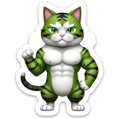 Jacked up Huge jumbo Super Duper Muscular Cat with a 10 pack full body black and white and green eyes  sticker